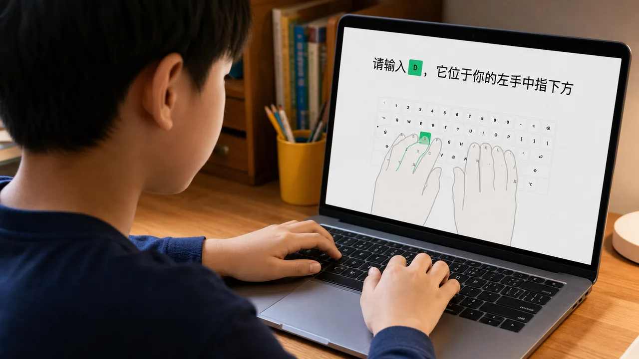 学习者在家使用太酷打字王练习基础键位和正确手位