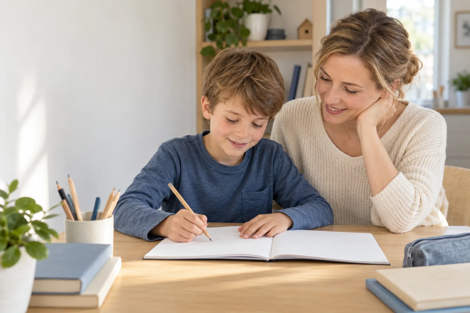 Ein Kind übt auf Papier, während seine Mutter neben ihm sitzt
