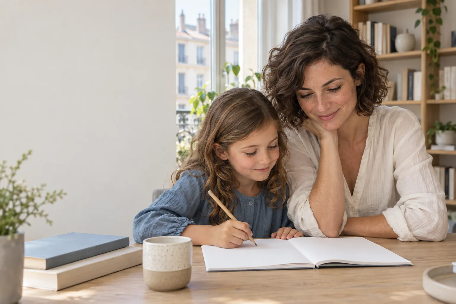Un enfant s’entraîne sur papier, sa mère à ses côtés