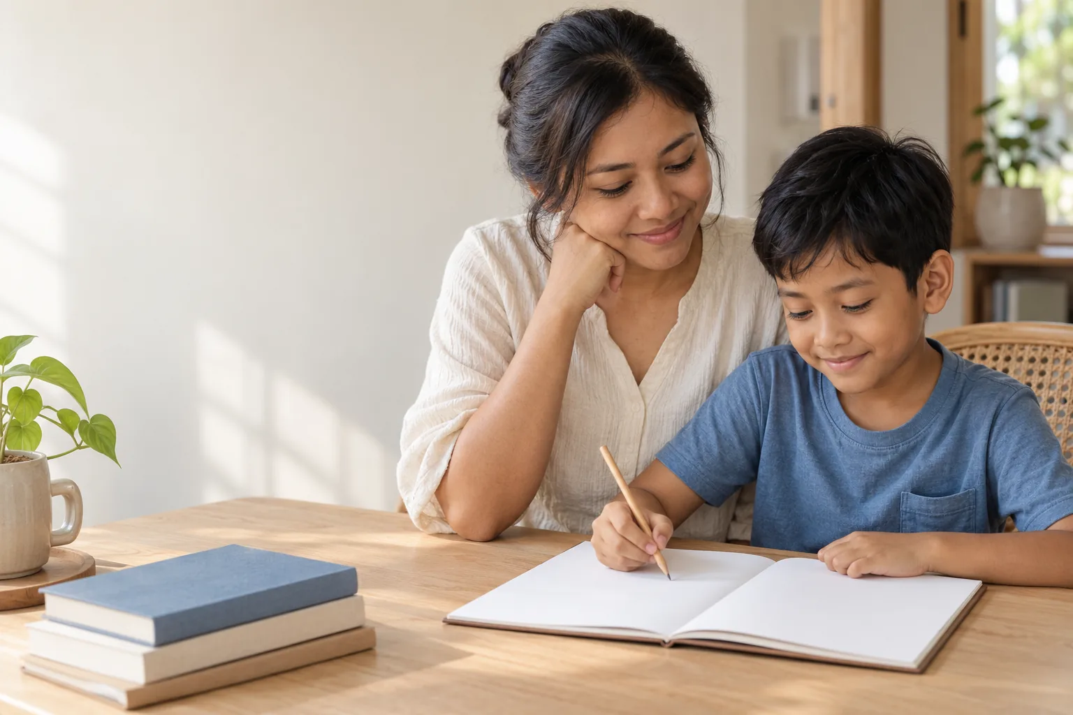 Seorang anak berlatih di kertas ditemani ibunya