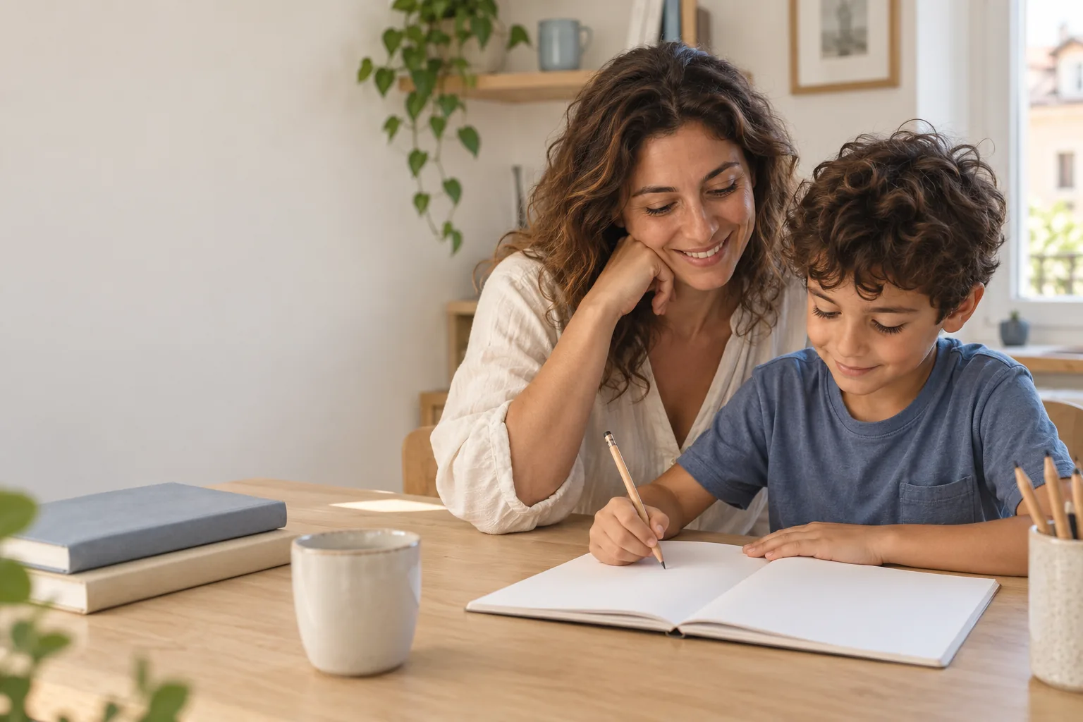 Un bambino si esercita su carta con la mamma accanto