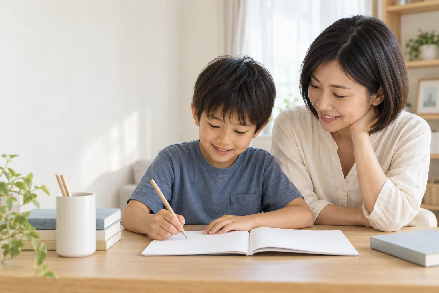 隣に母親が座り、紙で練習する子ども