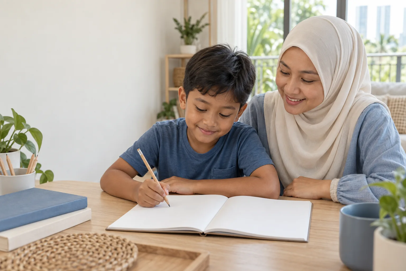 Seorang kanak-kanak berlatih di kertas ditemani ibunya