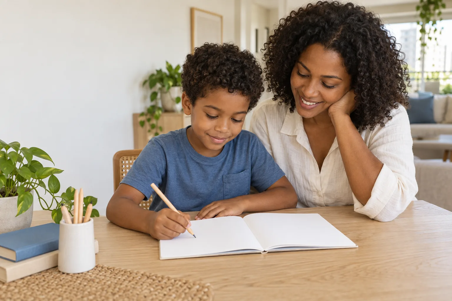 Uma criança pratica no papel com a mãe ao lado